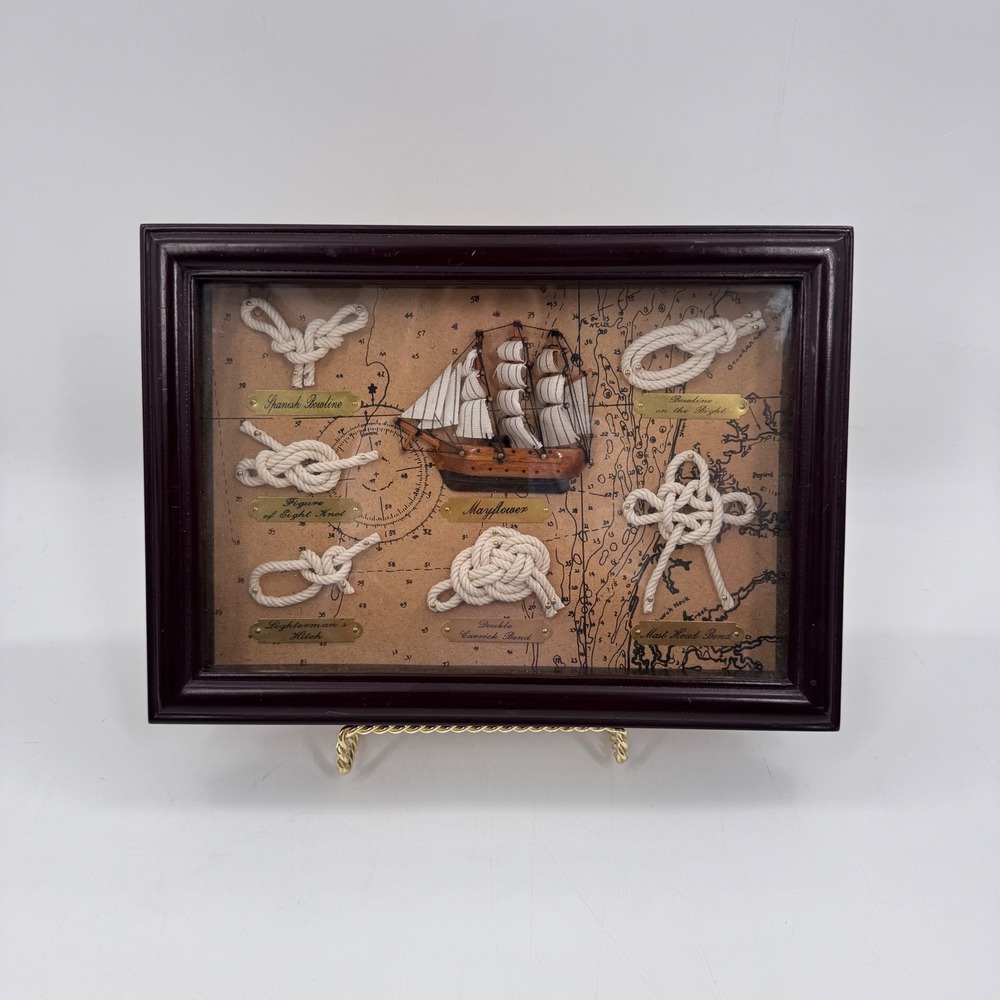 Vintage Nautical Shadow Box Mayflower Ship Rope Knots Framed Maritime Wall Art